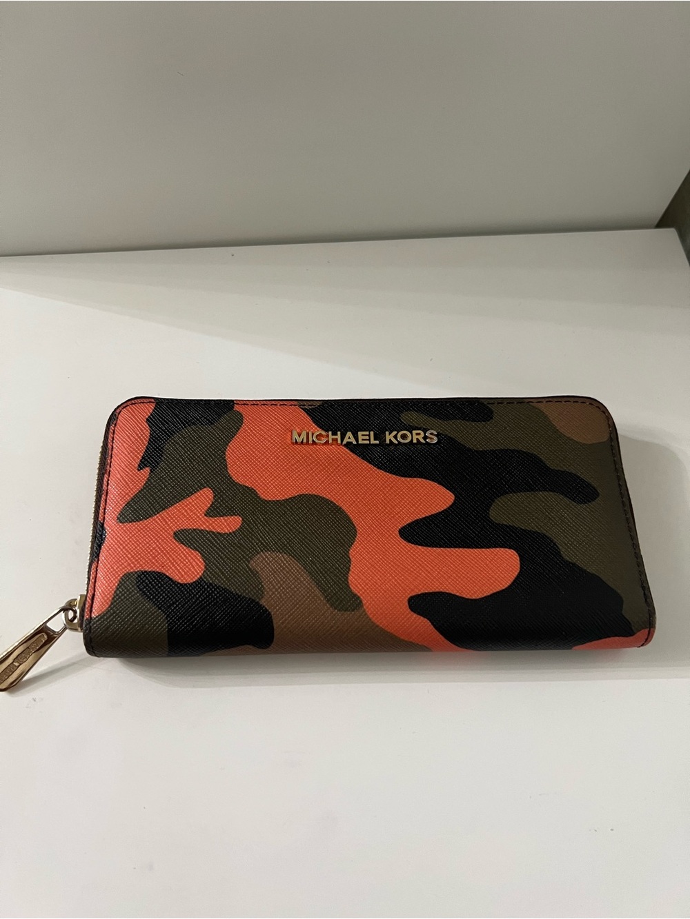 Michael Kors Orange and Brown Camo Zip Wallet with Gold Hardware